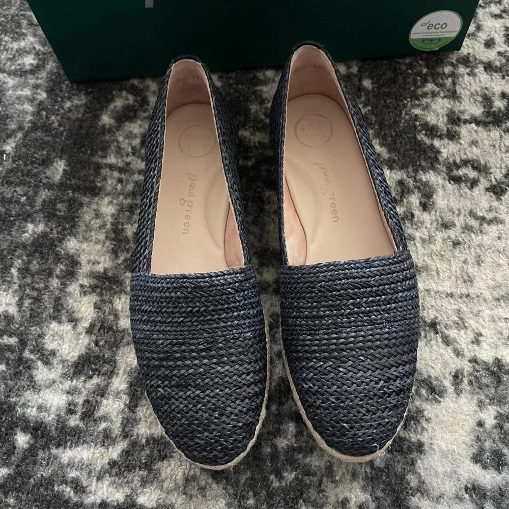Paul Green Lori Espadrilles Sz 9 Black Woven Raffia Flats Comfortable Chic Beach